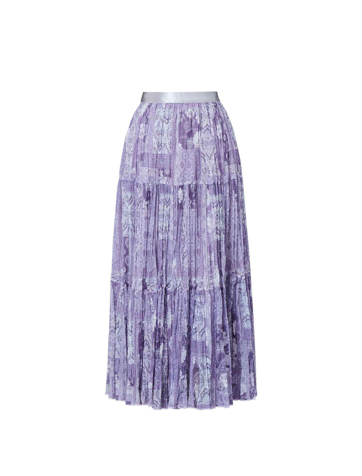 Purple Paisley Print Tiered Midi Skirt