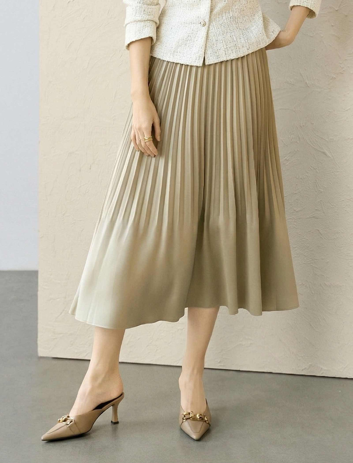 Camel Satin Pleated Midi Skirt