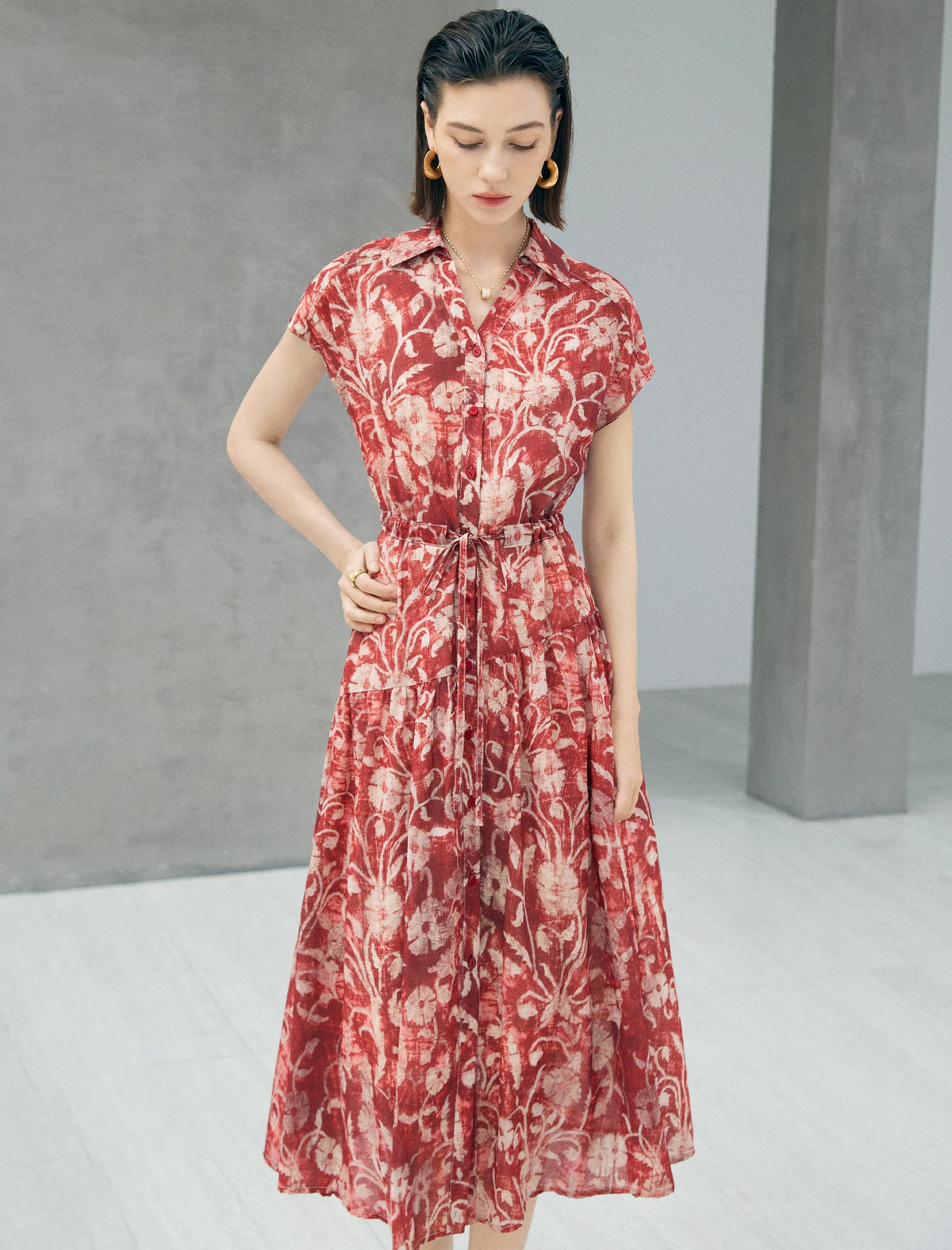 Rust Red Tie-Dye Floral Print Button-Down Midi Shirt Dress