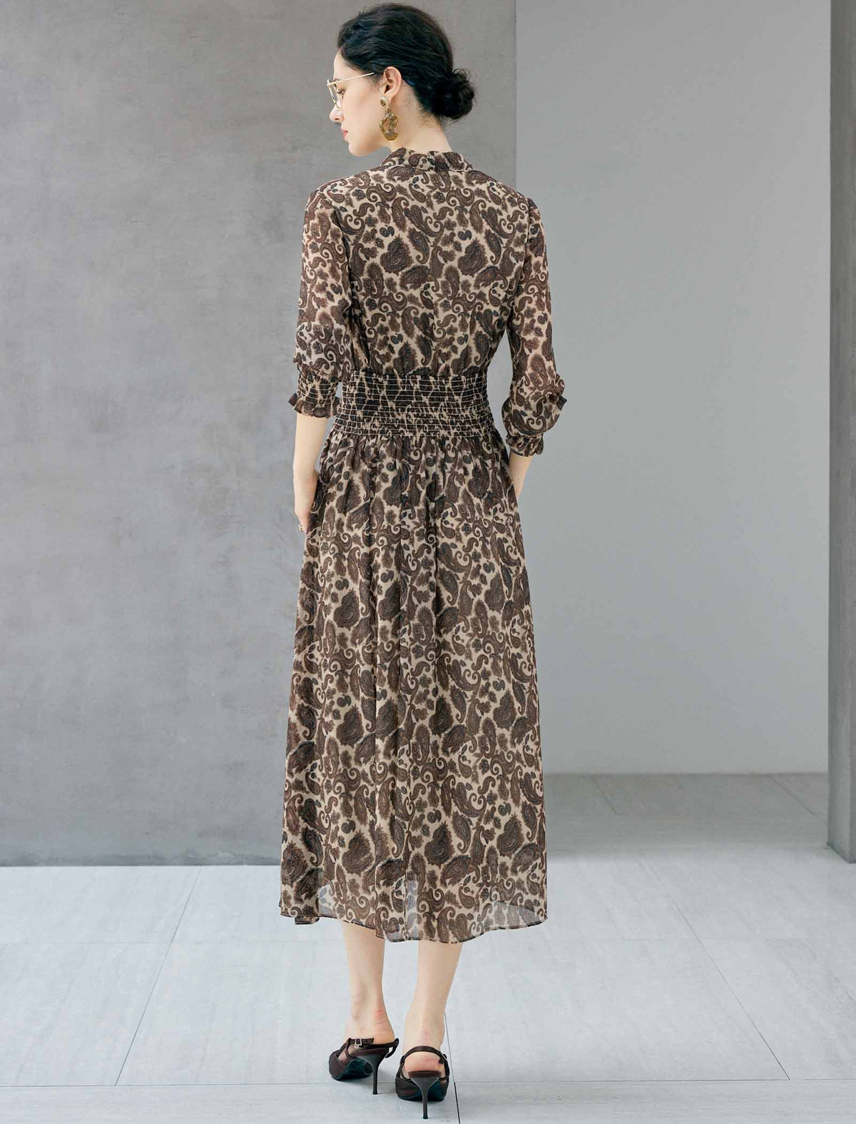 Paisley Print Tie Neck Smocked Waist Midi Dress