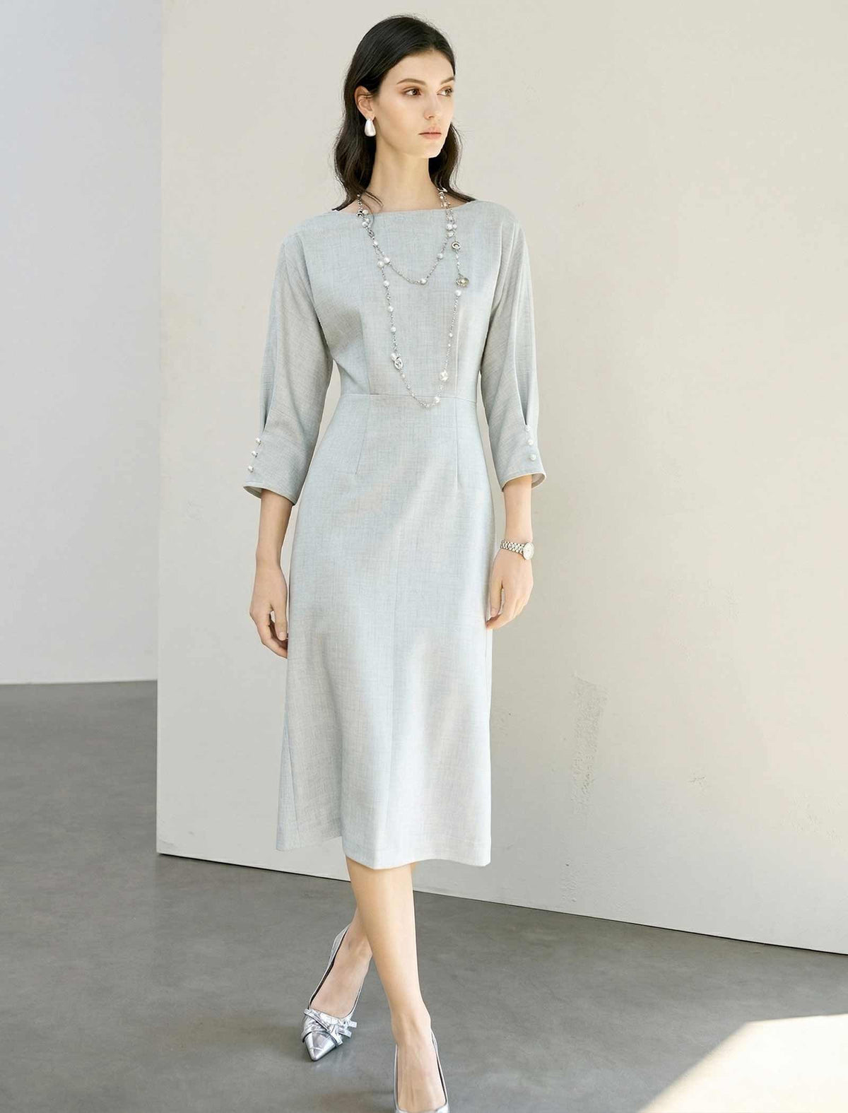Boat Neck Midi Sheath Dress