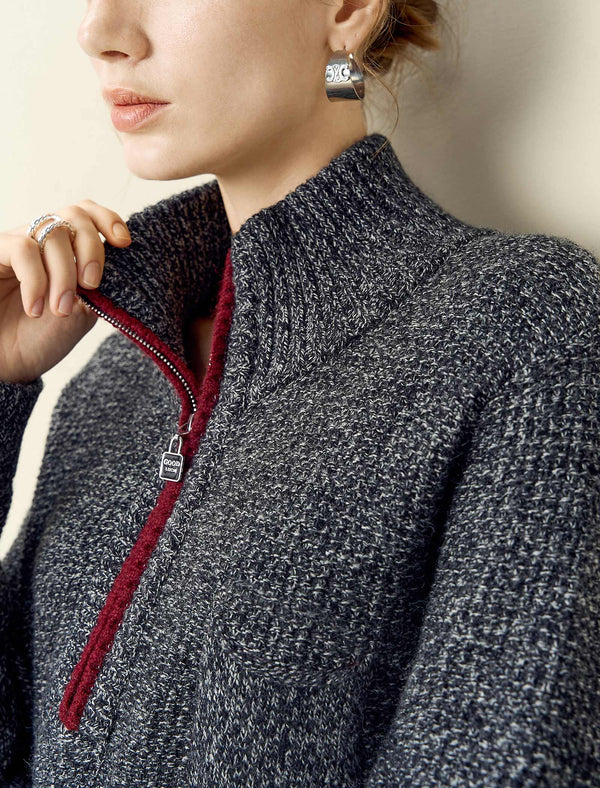 Contrast Trim Half-Zip Mock Neck Sweater