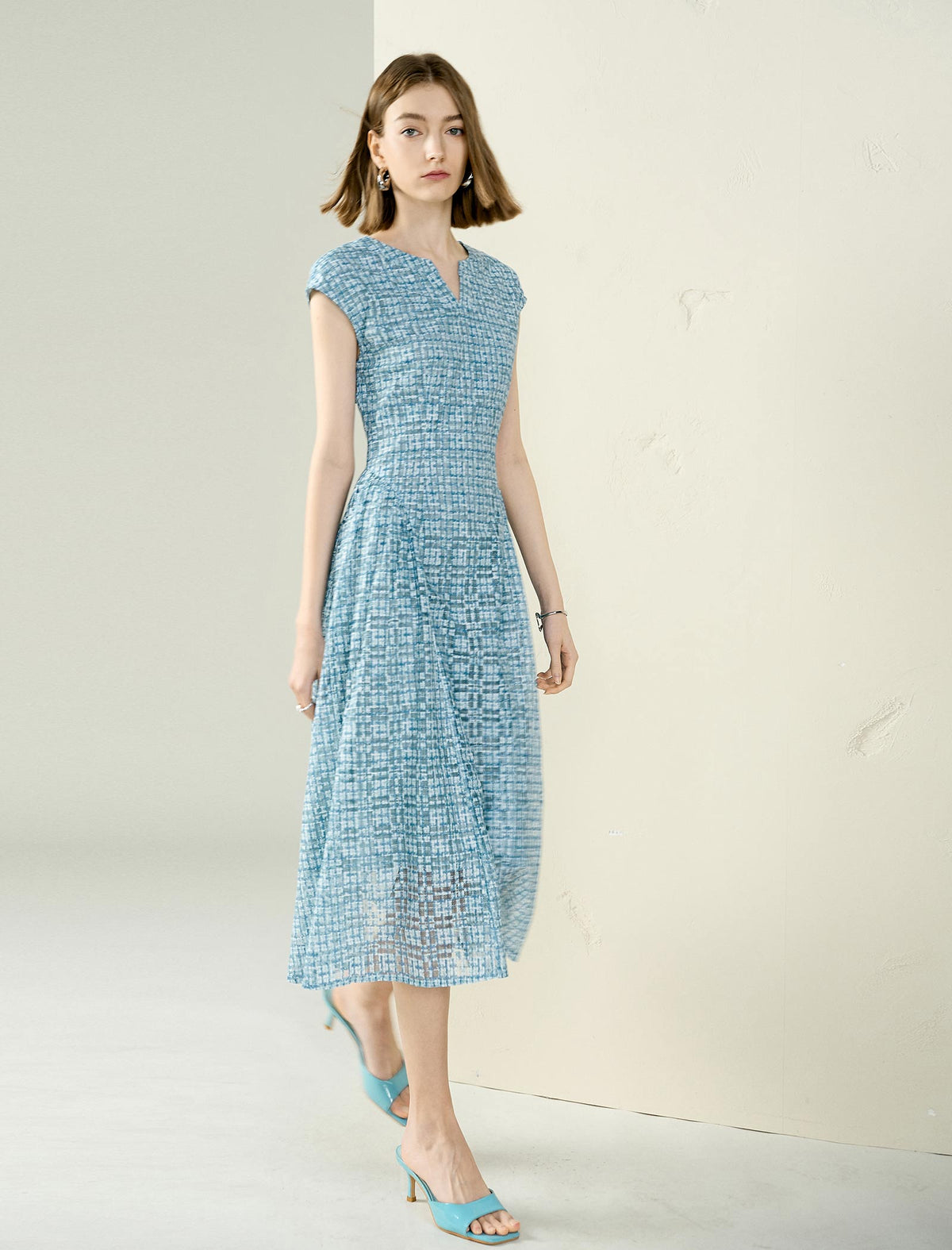 Openwork Print Cap Sleeve Midi Dress