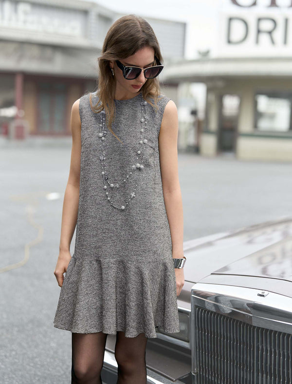 Heathered Mixed-Yarn Sleeveless Ruffle-Hem Dress