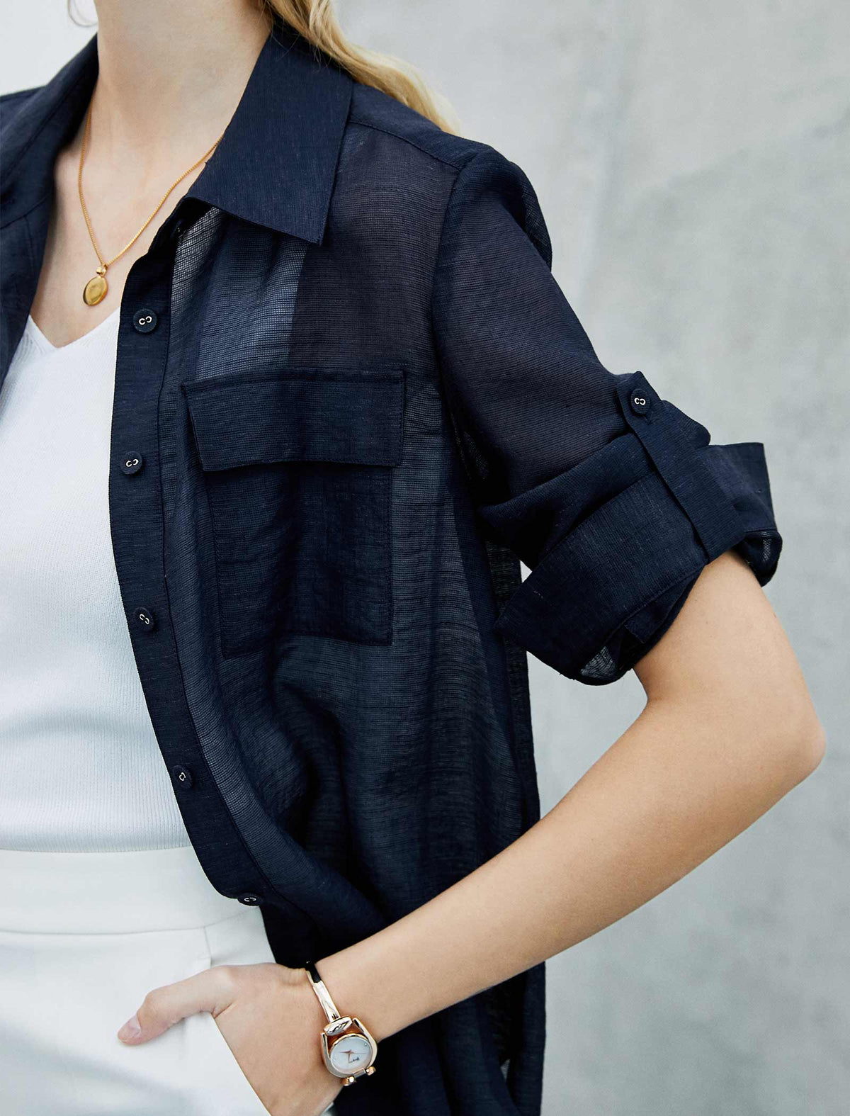 Navy Sheer Belted Shirt