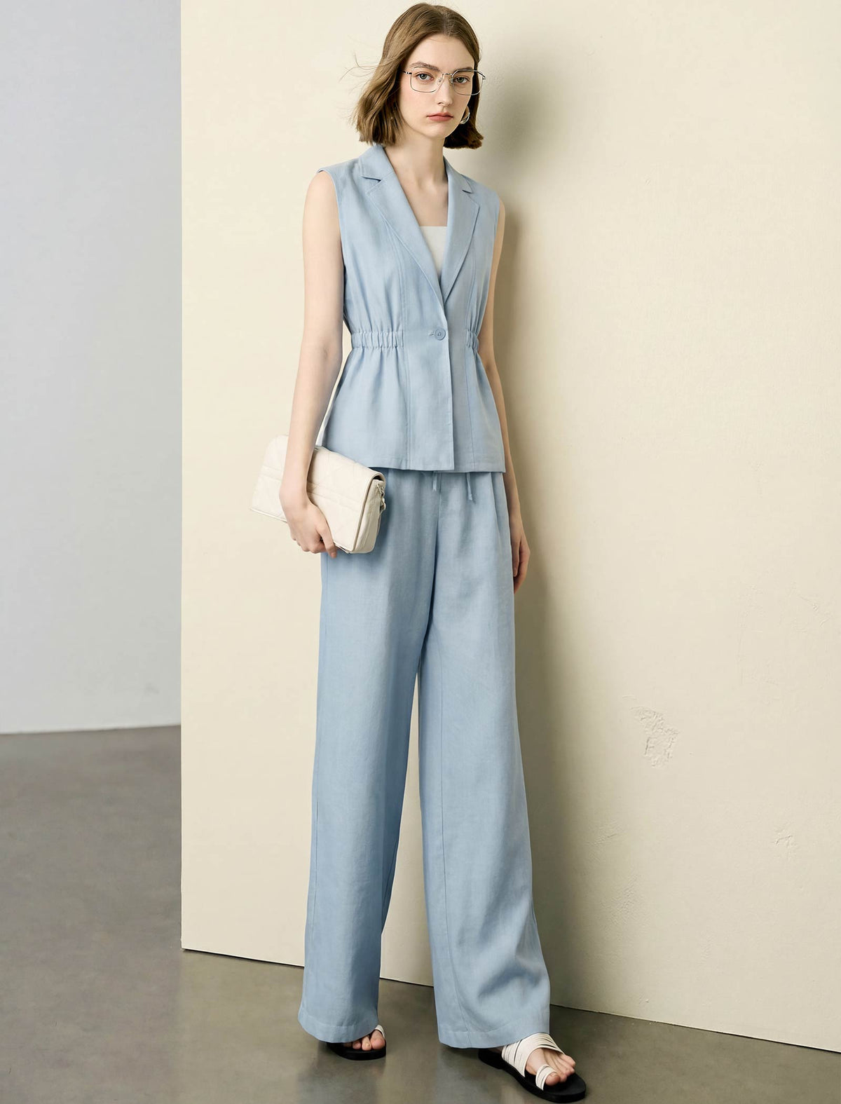 Light Blue Linen-Blend Wide Leg Pants