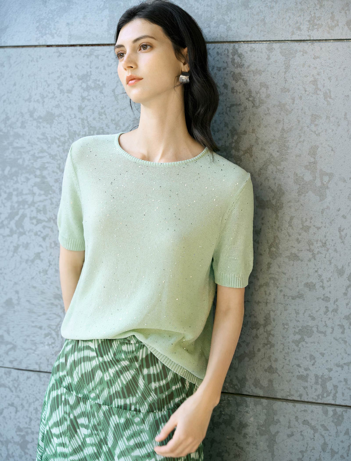 Mint Green Sequin Embellished Knit Top
