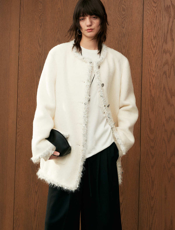 100% Alpaca Tweed-Trimmed Wool Coat