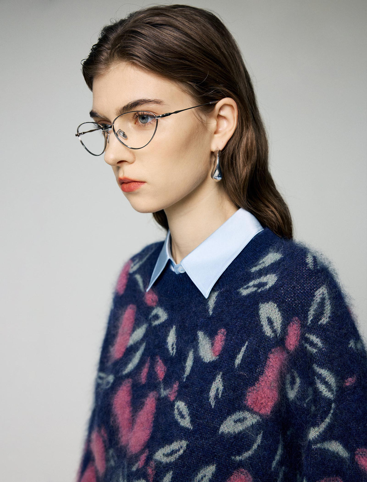 Wool and Mulberry Silk Blend Floral Jacquard Crewneck Relaxed Sweater