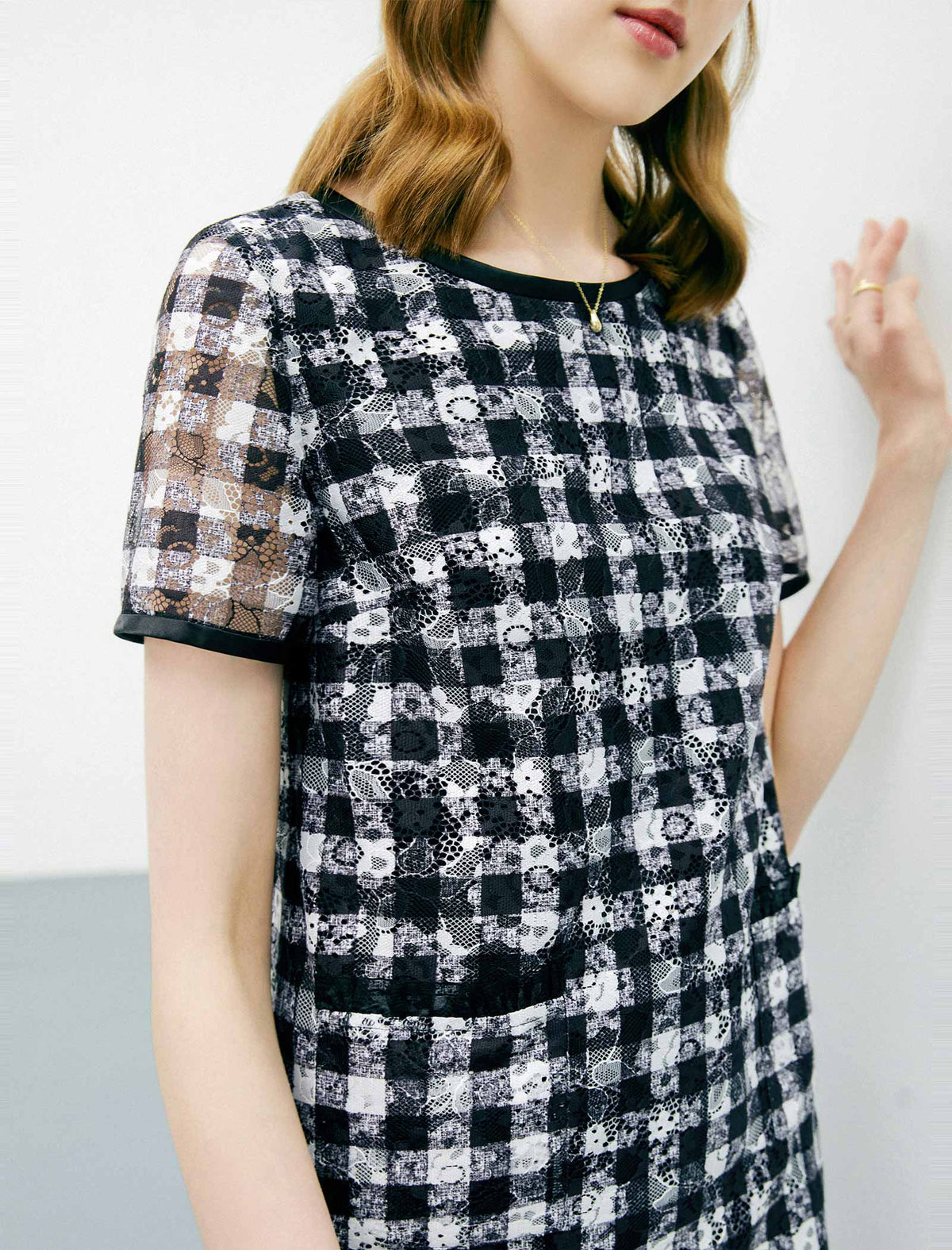 Plaid Lace Straight Short Sleeve Dress
