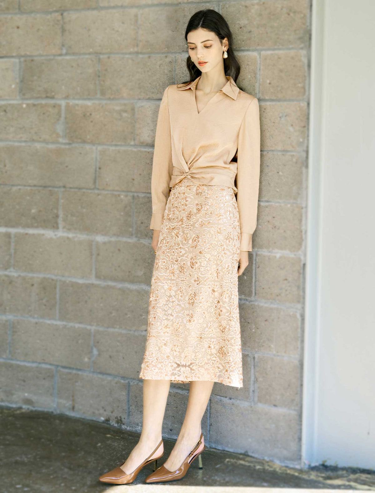 Floral Sequin Lace High-Waist Back-Slit Midi Skirt