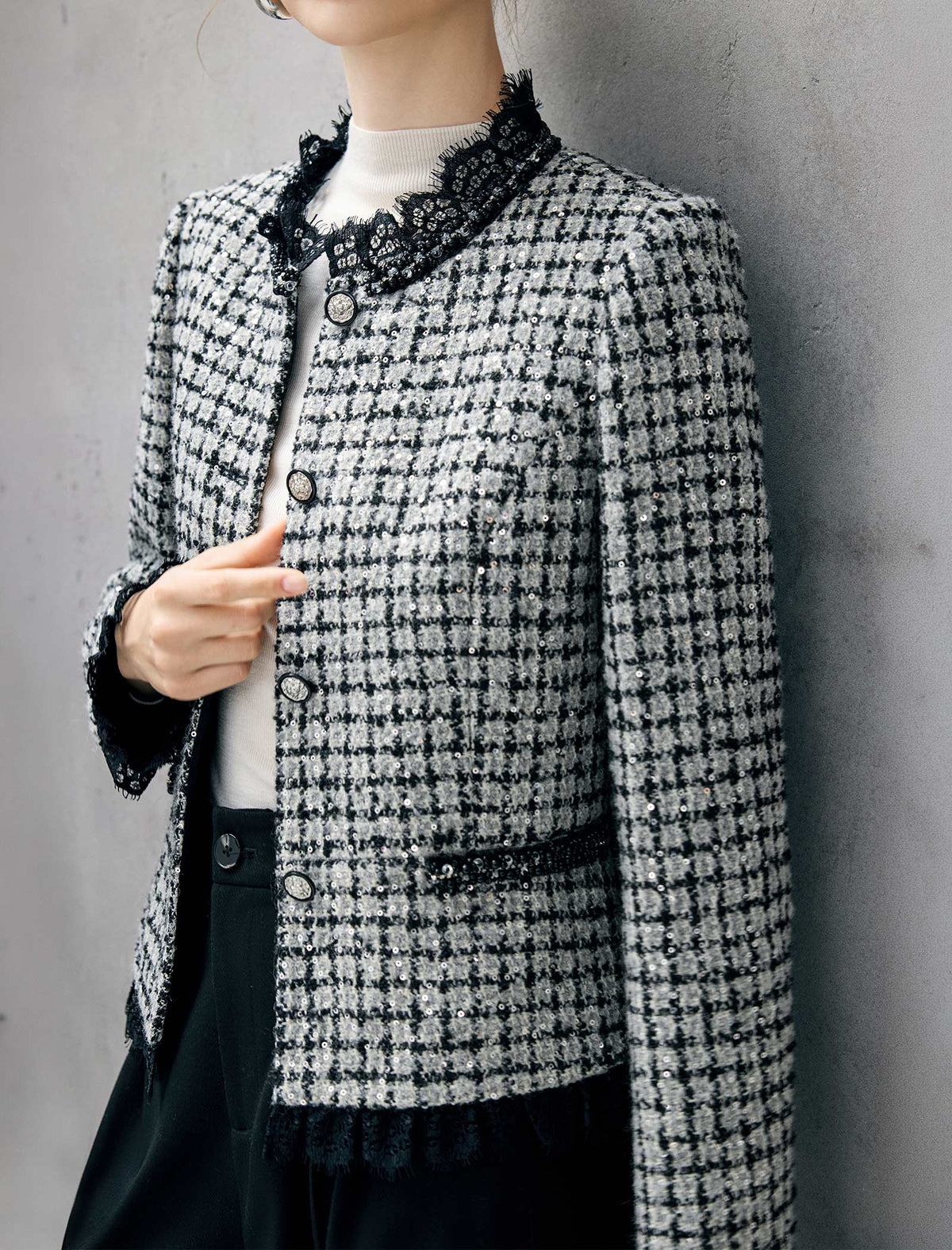 Wool Blend Plaid Crewneck Long Sleeve Jacket