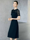 Black Lace Yoke Short Sleeve Waist Ruched Midi Sheath Dress