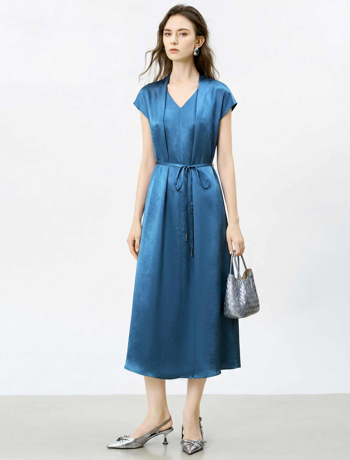 Acetate Satin V-Neck Belted Midi Dress