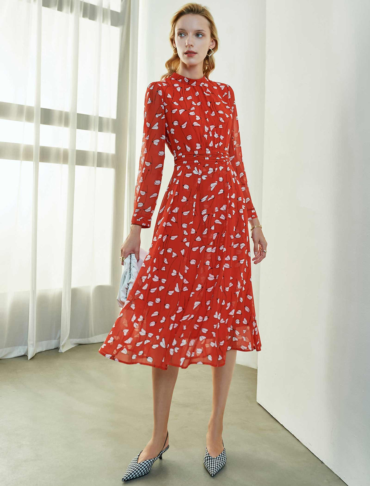 Bright Red Leaf-Print Midi Dress