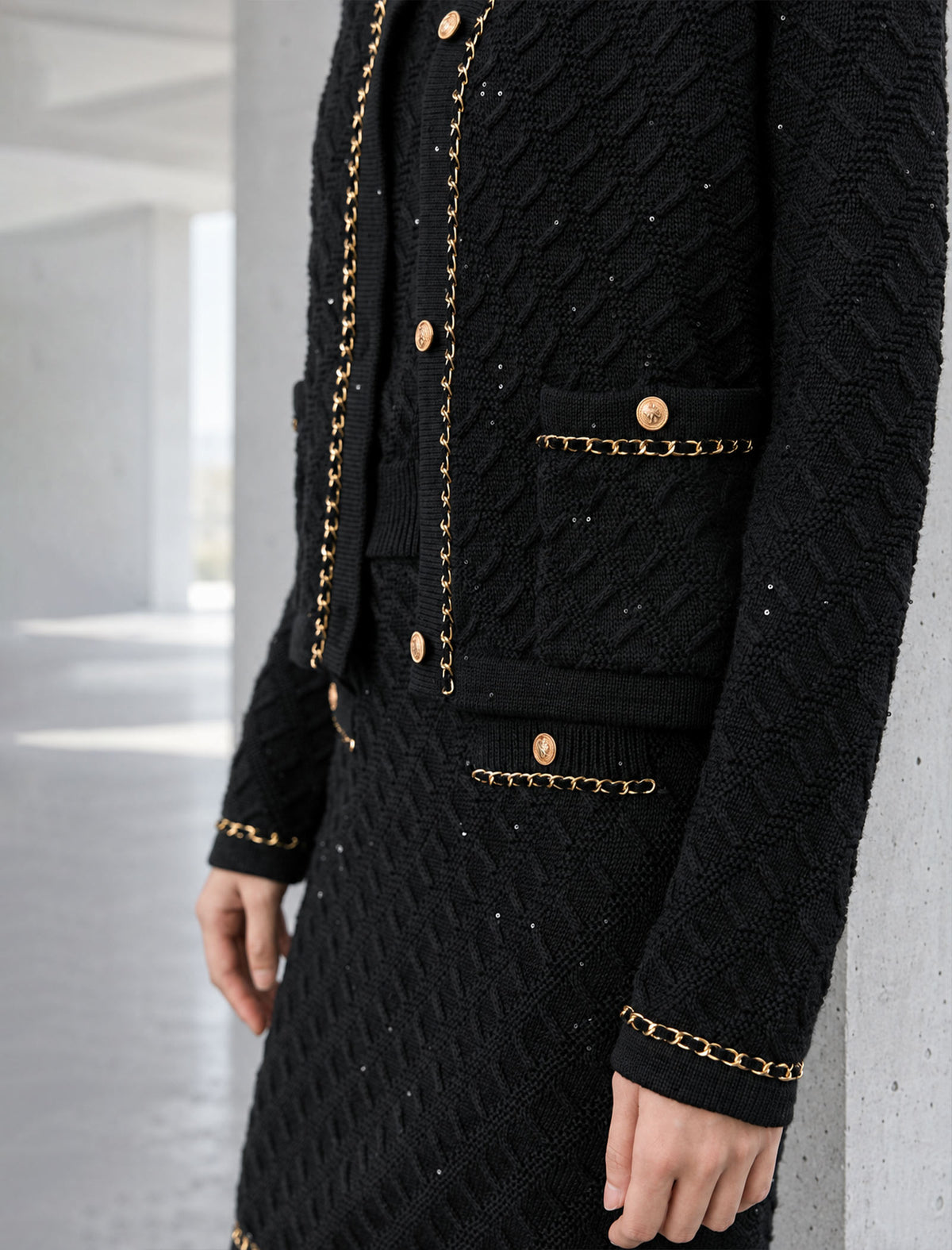 Textured Chain Trim Button Front Cardigan