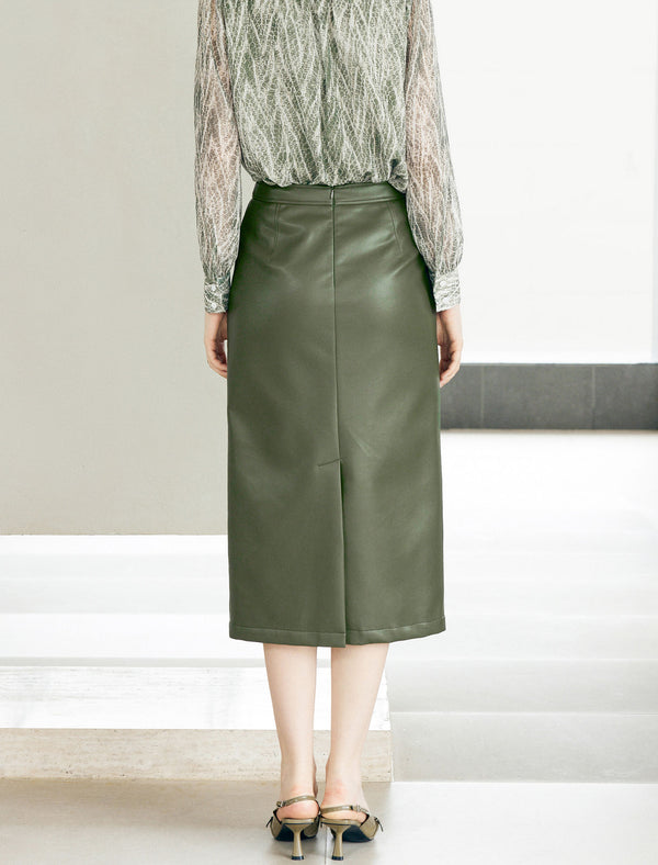 Olive Green Faux Leather Midi Skirt