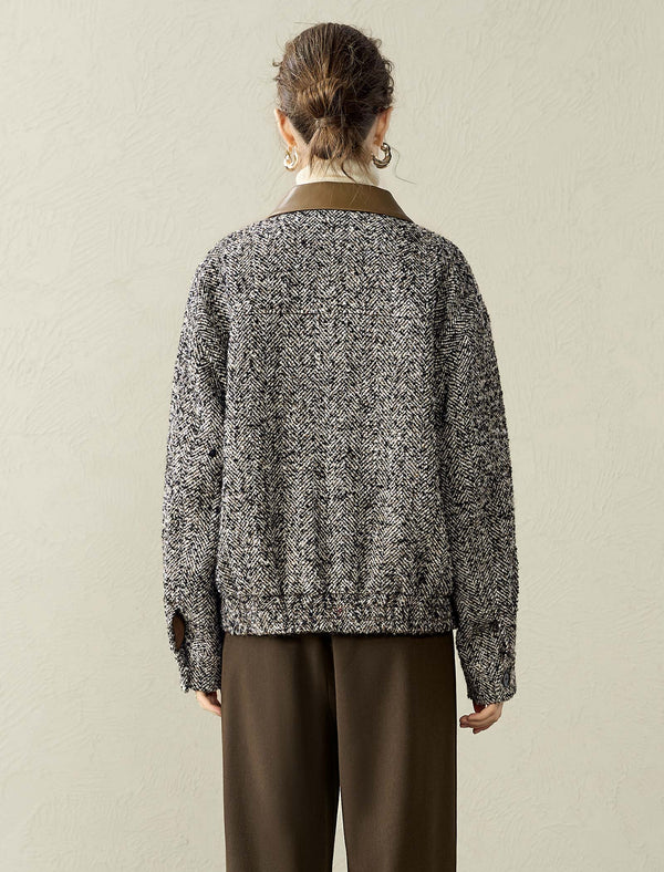 Tweed Wool-Blend Leather Collar Jacket