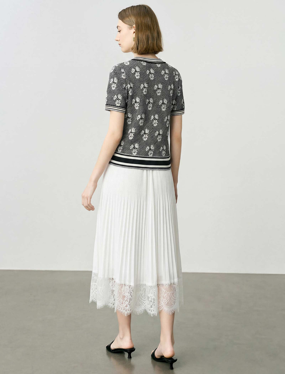 White Pleated Lace-Hem Midi Skirt