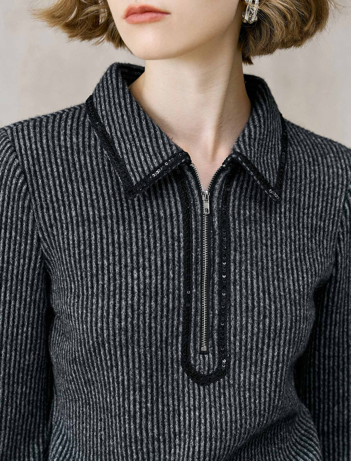 Striped Zip-Up Polo Knit Top