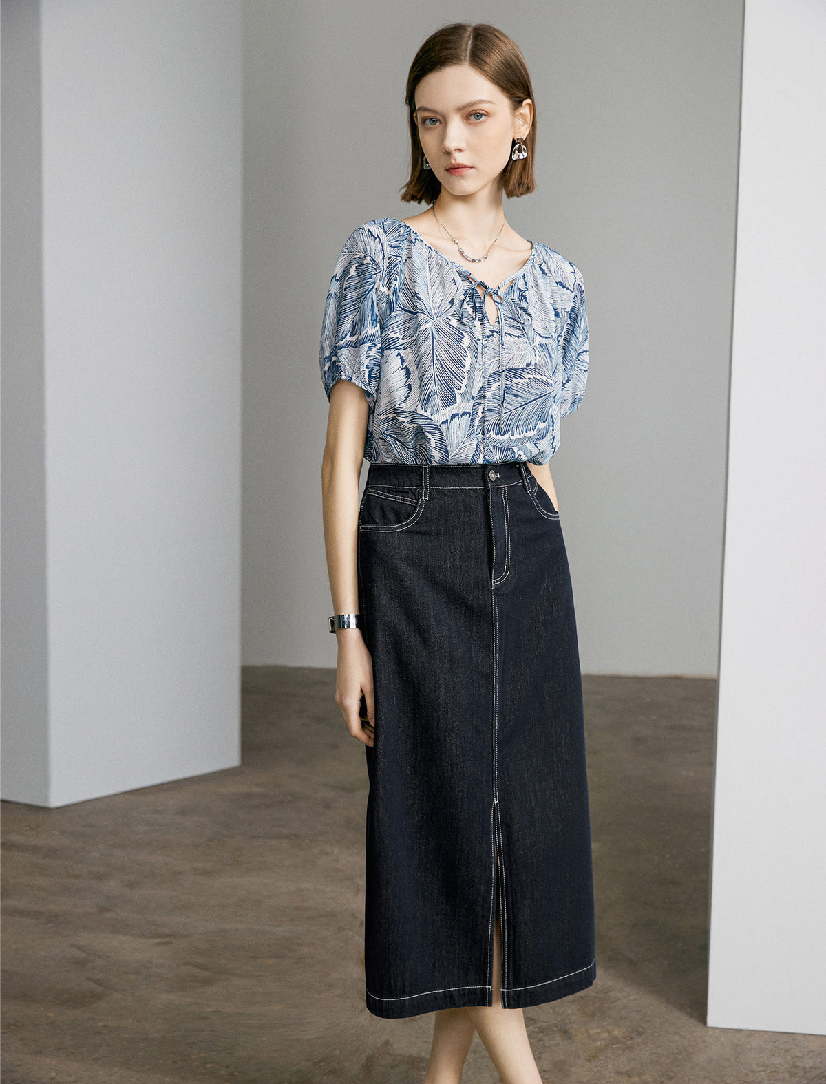 Denim Front Slit Midi Skirt