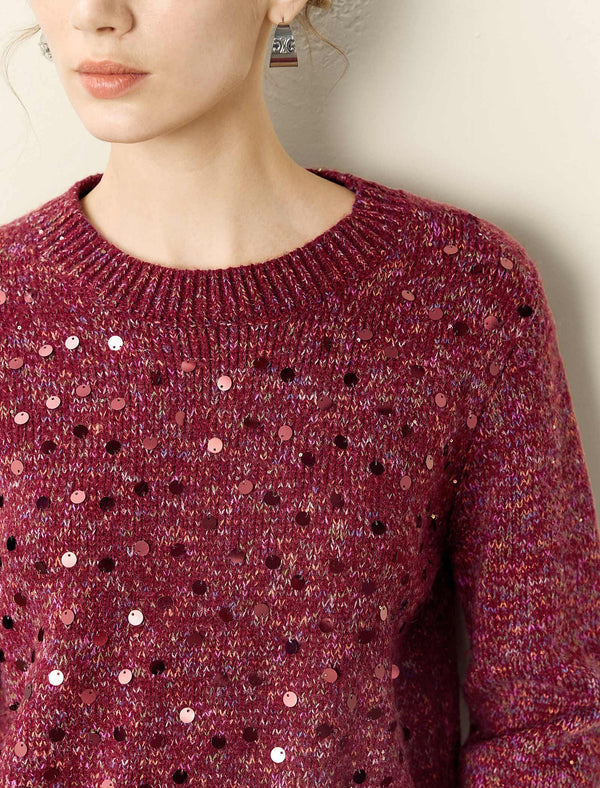 Burgundy Sequin Crew Neck Sweater