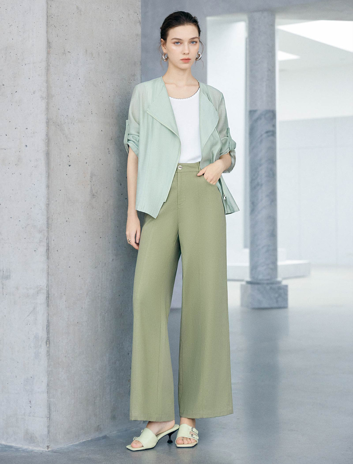 Sage Green Seam Detail High Waist Wide Leg Pants