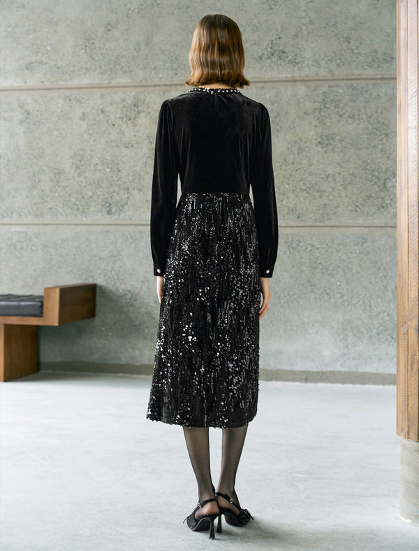 Black Velvet Sequin Midi Dress