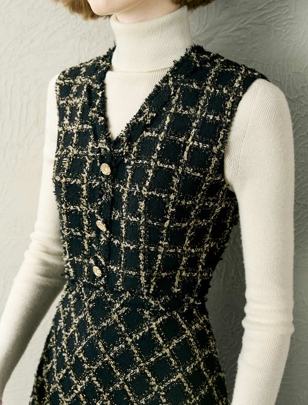 Tweed Check A-Line Sleeveless Midi Dress