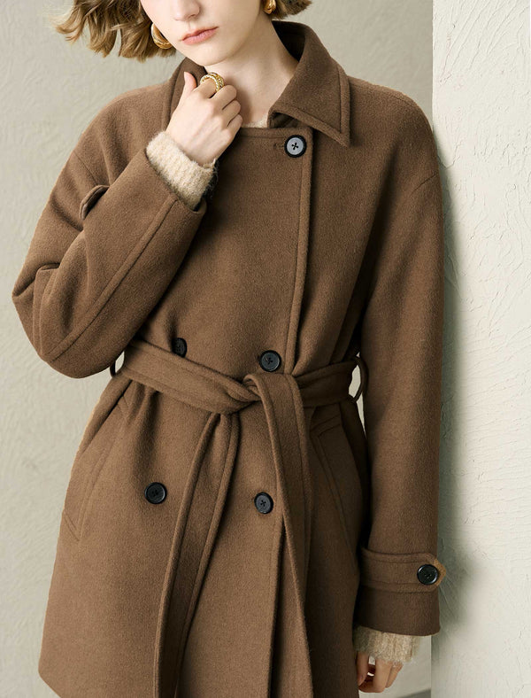 Wool-Blend Double-Breasted Lapel Collar Belted Coat