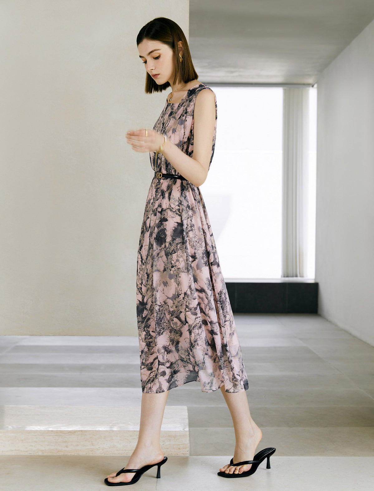 Tie Dye Irregular Neckline Sleeveless Midi Dress