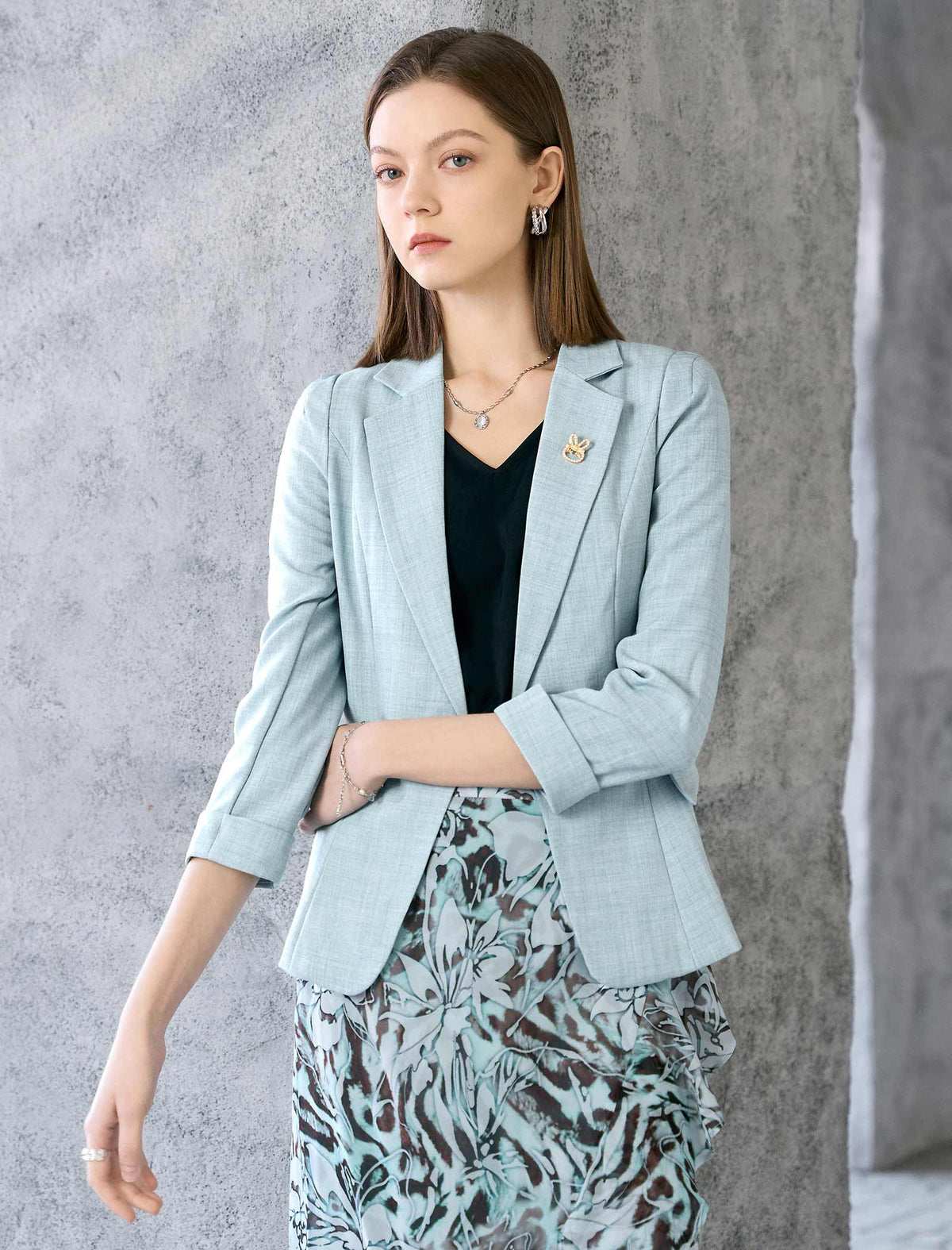 Light Blue 3/4 Sleeve Cropped Blazer