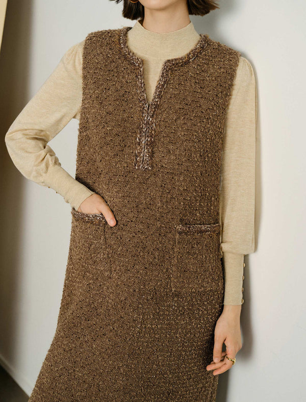 Brown Wool Loose Sleeveless Midi Dress