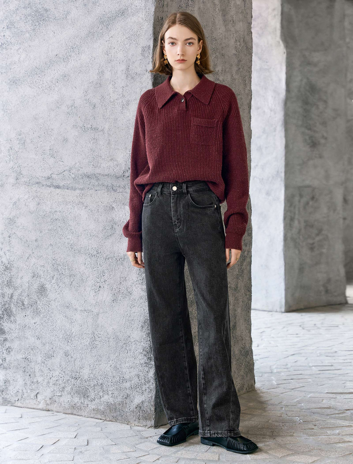 Wool Red Elegant Lapel Loose Knit Sweater