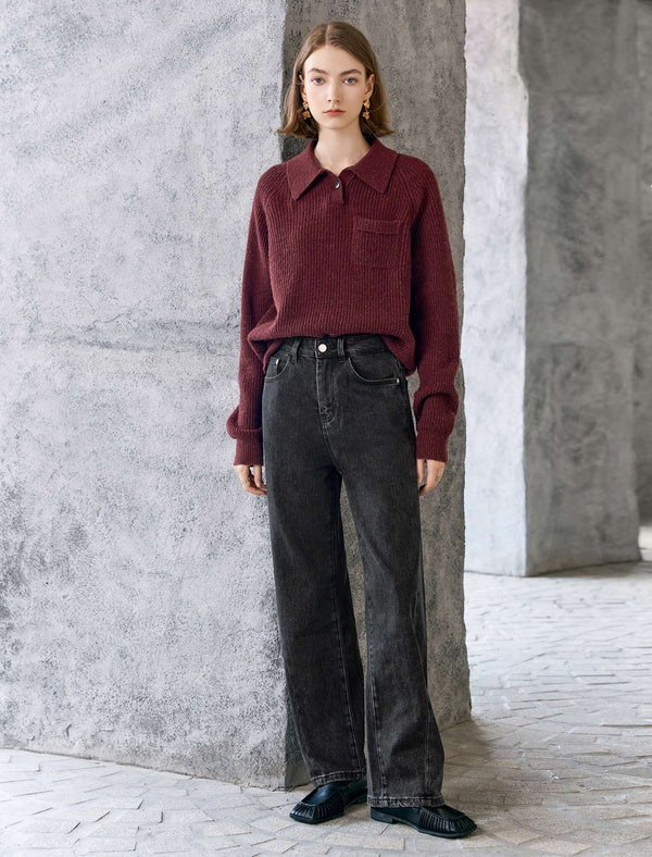 Wool Red Elegant Lapel Loose Knit Sweater