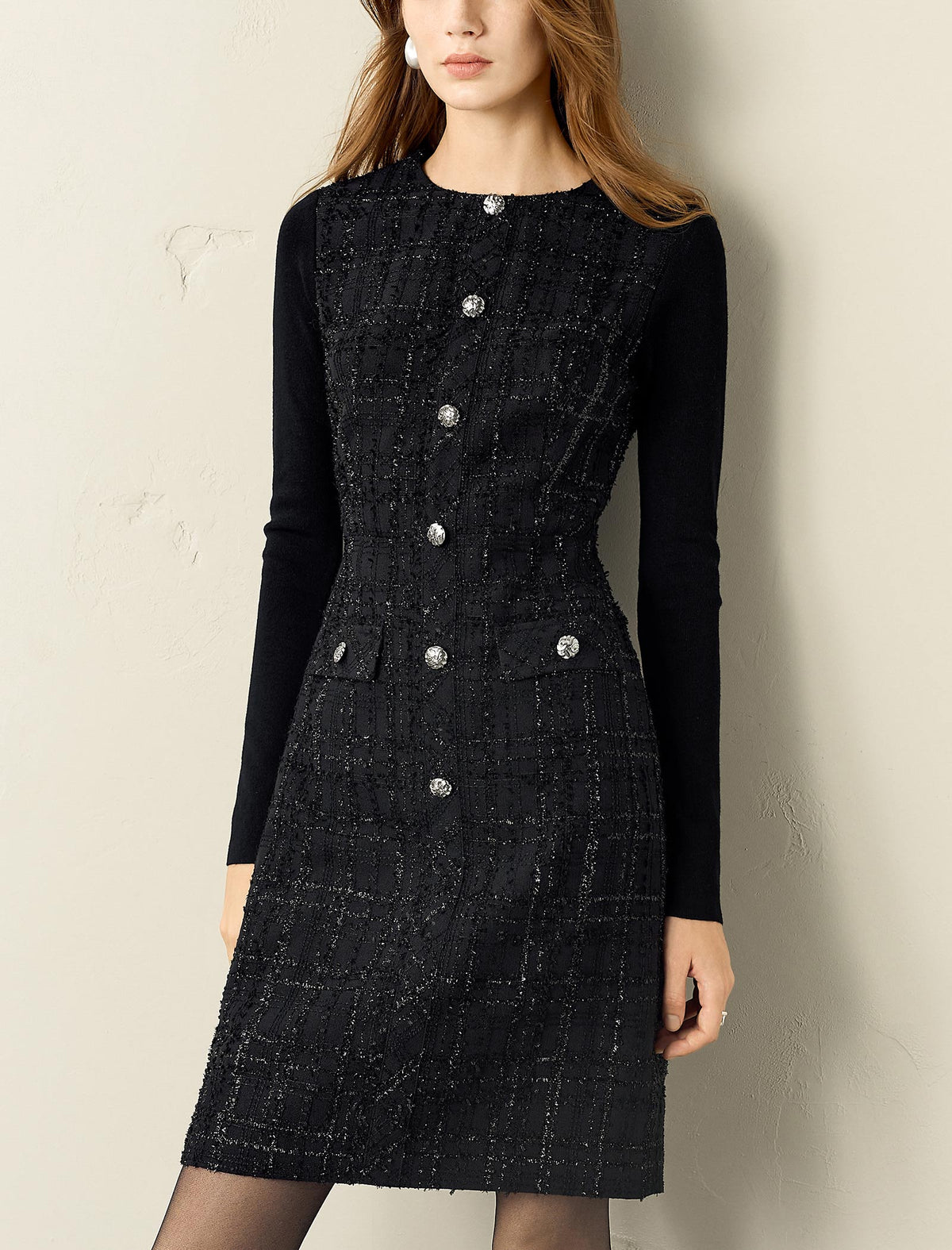 Doll Collar Waist-Defining Long-Sleeve Short Dress