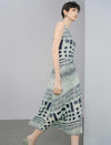 Light Green Geometric Print Tencel Lyocell Sleeveless Midi Dress