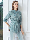 Textured Pattern Stand Collar Belt Detail Blouse