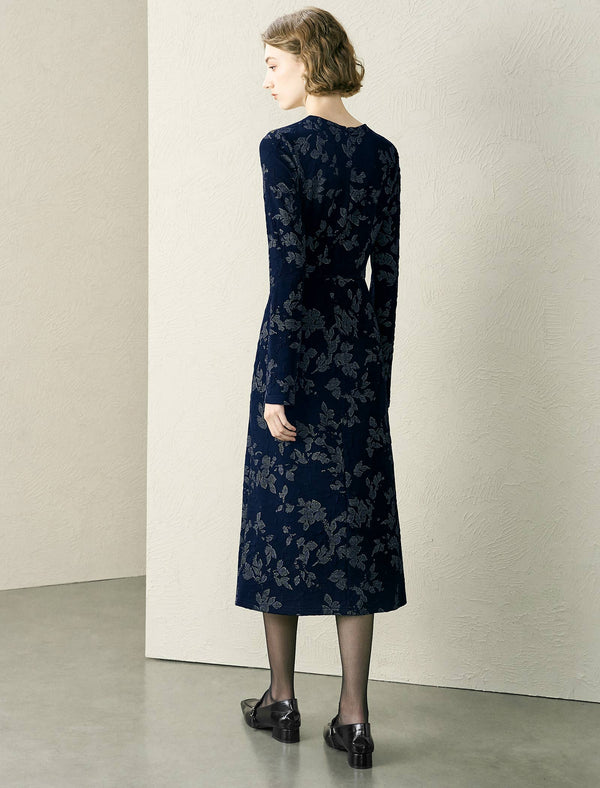 Navy Floral Waist Twist Midi Dress