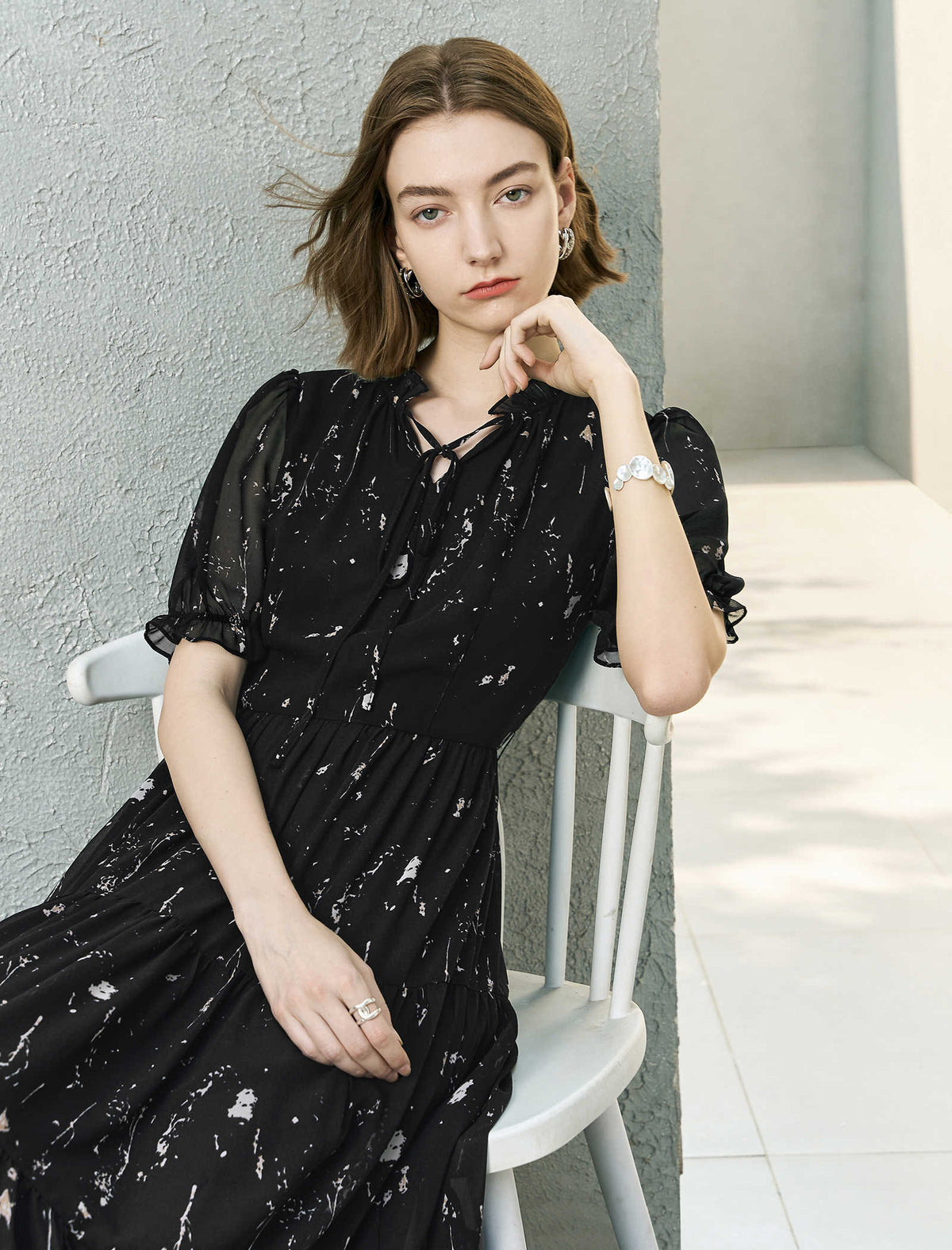 Black Splatter Print Ruffled Midi Dress