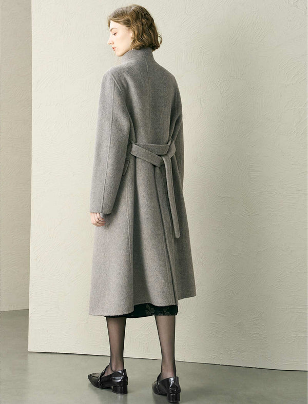 Wool-Blend Stand-Up Collar Belted Maxi Coat
