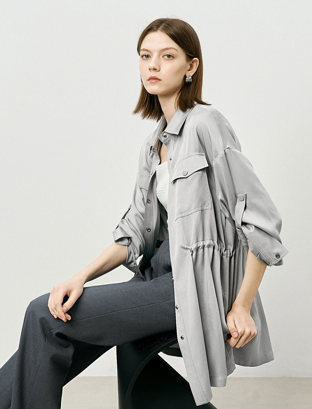 Gray Tencel Waist-Defining Mid-Length Shirt Cardigan