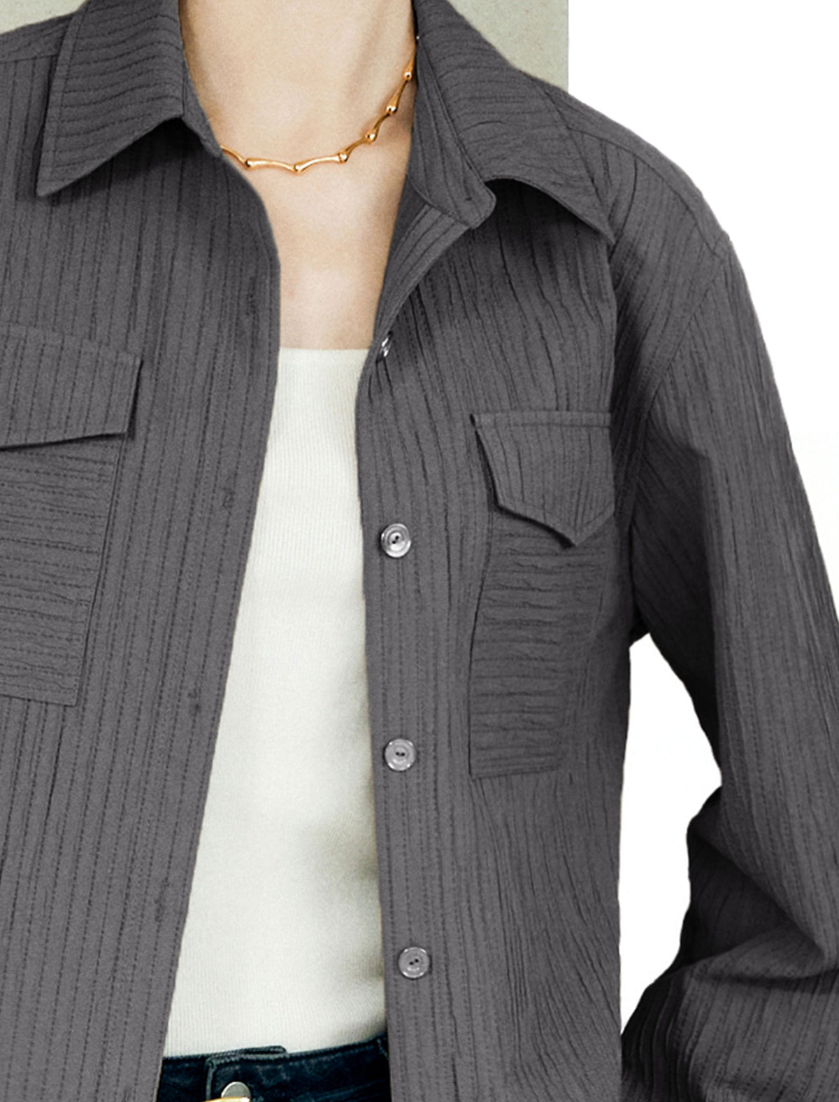 Vertical Textured Dual Chest Pocket Oversized Button Down Shirt