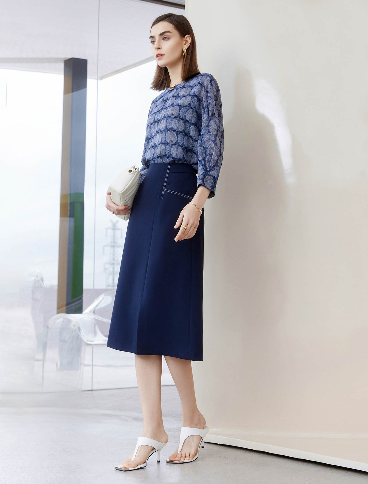 Navy Blue Side Slit Midi Pencil Skirt