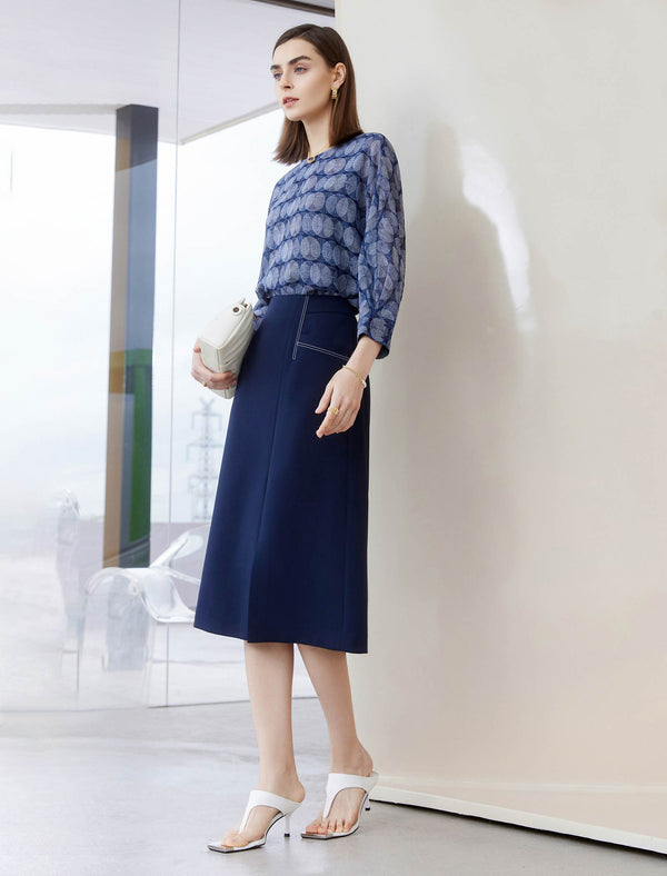 Navy Blue Side Slit Midi Pencil Skirt