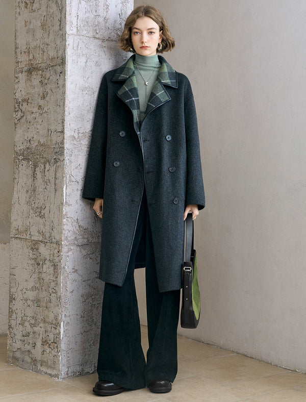 Reversible Plaid Wool-Blend Leather Trim Coat