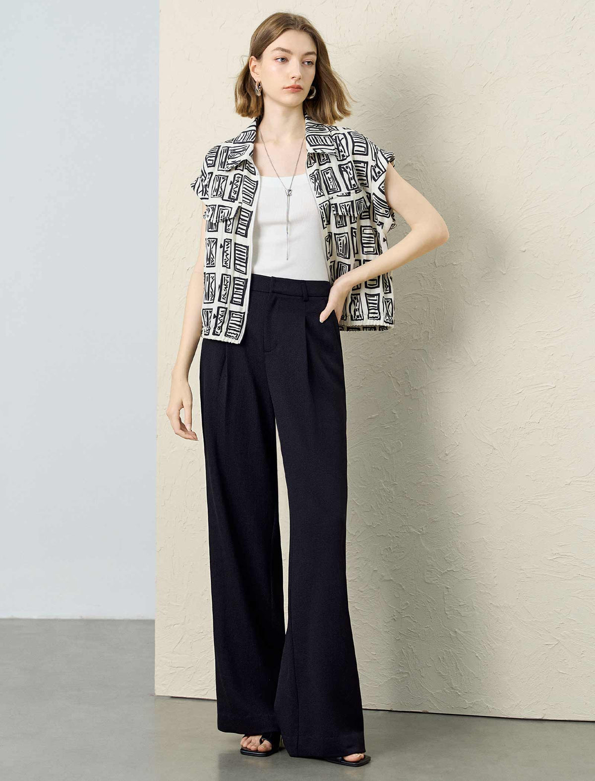 Graphic Print Tencel Linen Blend Zip Up Top