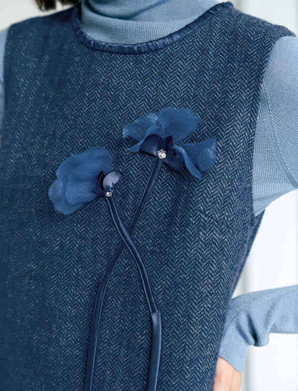 Wool Floral Detail Herringbone Sleeveless Shift Dress