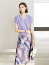 Watercolor Print Satin Midi Skirt