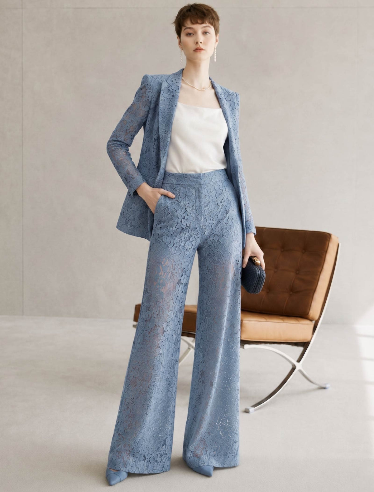 Dusty Blue Lace Wide-Leg Pants